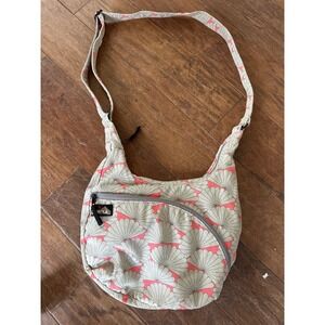 Kavu Canvas Crossbody Bag Coral Grey Fan Shell Print Adjustable Strap Hobo Bag